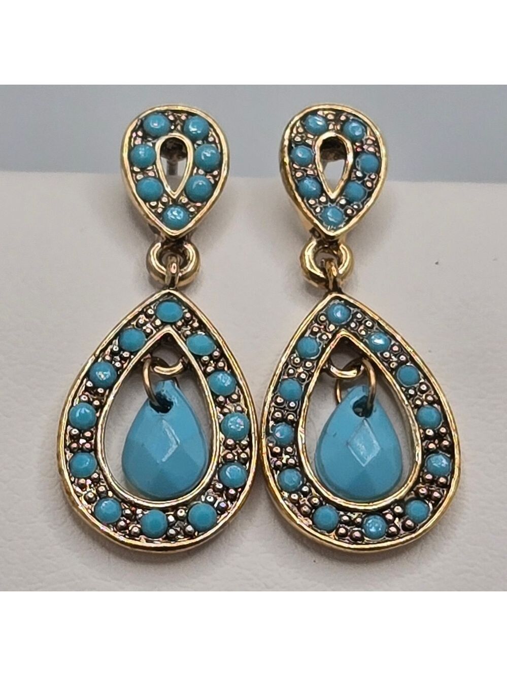 Monet Faux Turquoise Drop Earrings Gold Tone Teardrop Small Cute Beach